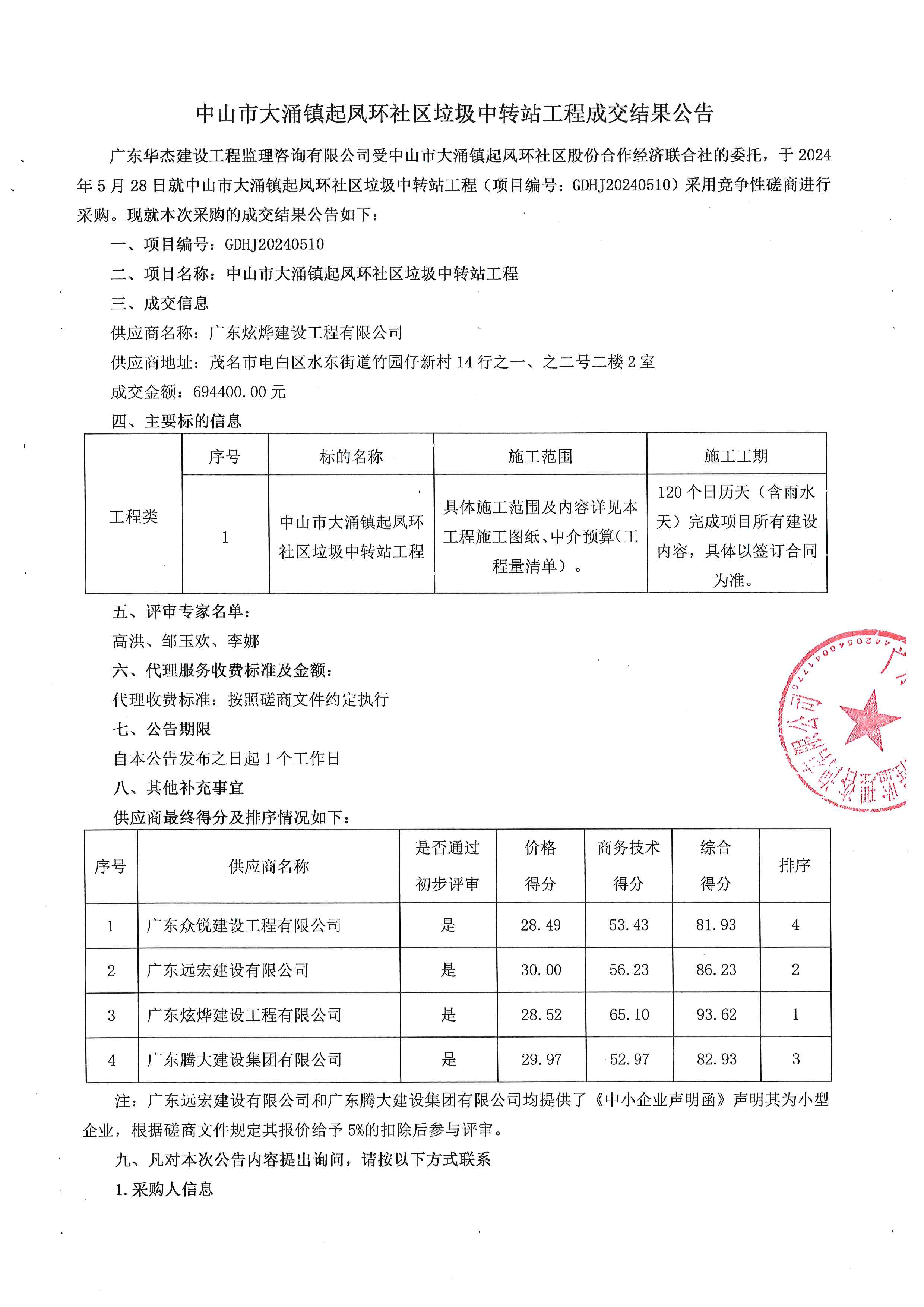 中山市大涌镇起凤环社区垃圾中转站工程成交结果公告1